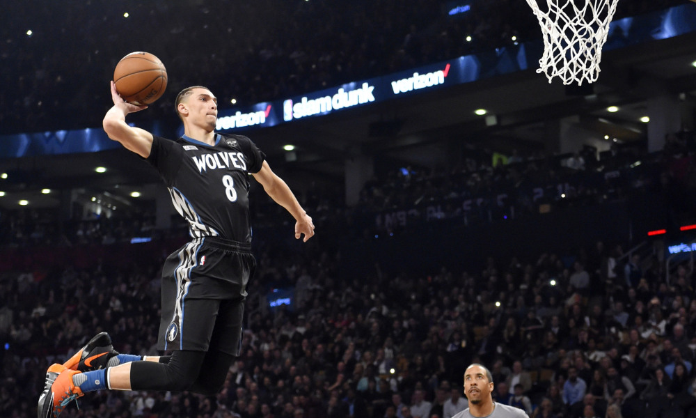 Feb 13, 2016; Toronto, Ontario, Canada; Minnesota Timberwolves guard Zach LaVine competes in the dunk contest during the NBA All Star Saturday Night at Air Canada Centre. Mandatory Credit: Bob Donnan-USA TODAY Sports